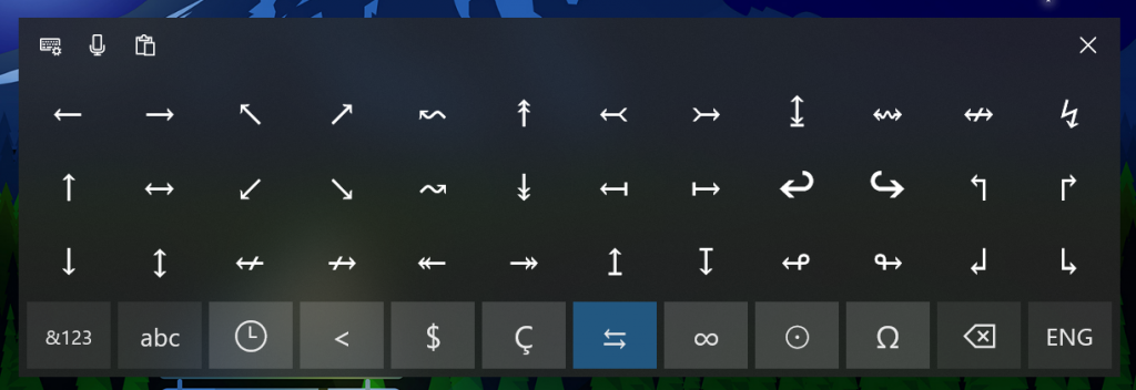 Showing the symbols pages in the touch keyboard.