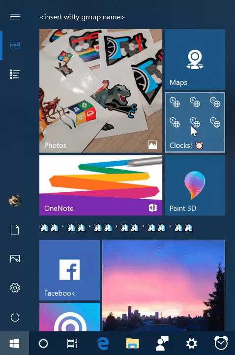 Gif shows cursor arrow hovering over a tile, and upon clicking it shows a Clocks! folder which has times of different locations around the world