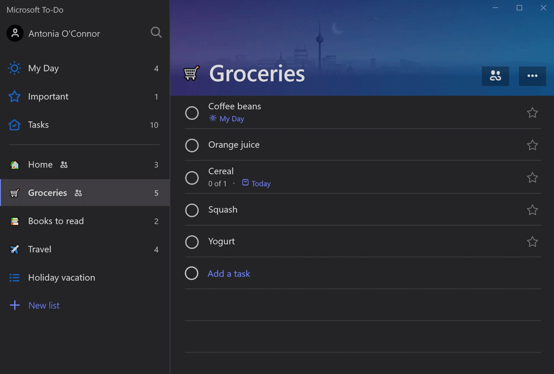 Groceries list on Microsoft To-Do app with "Milk" inked in, converted to text