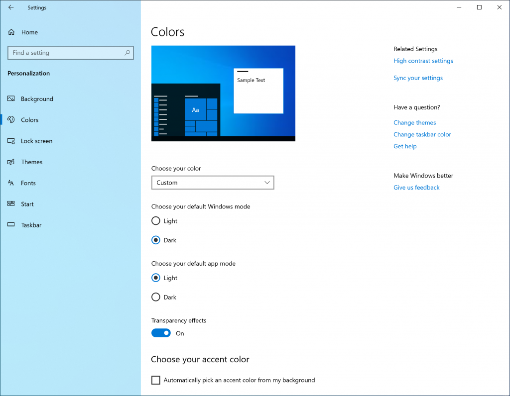Showing Color Settings with Custom selected in the ”Choose your color” dropdown, and a new separation between Windows mode and app mode