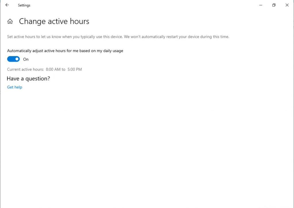 Showing the “Change Active Hours” page in Settings. Now has a toggle which says “Automatically adjust active hours for me based on my daily usage.”