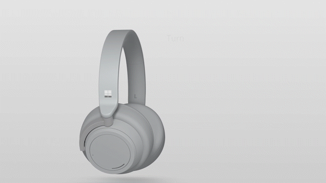 A gif of Surface Headphones and arrows on the right earpiece showing how volume can be adjusted