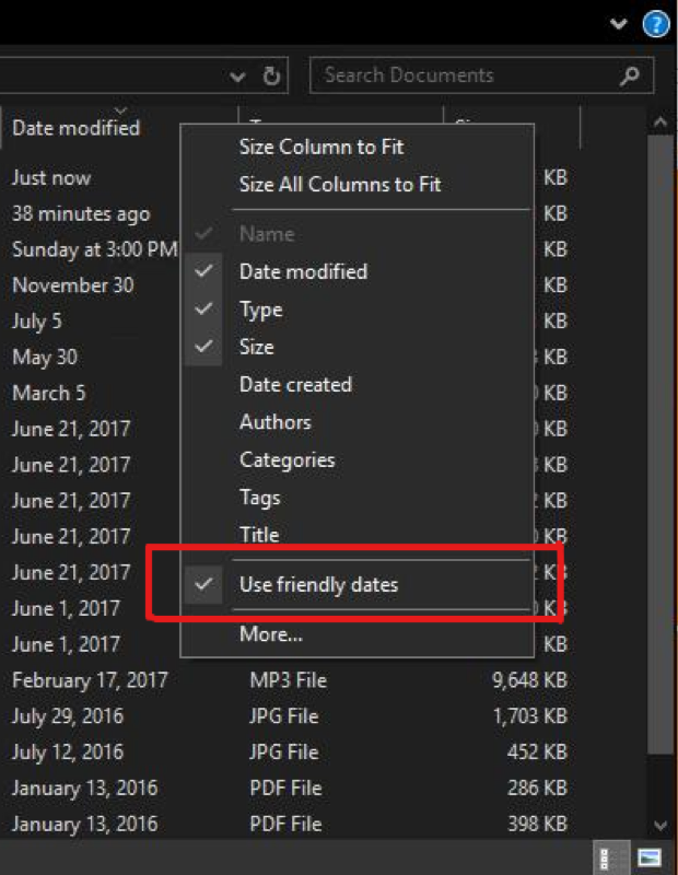 Showing context menu for when you right-click the column header, with option saying Use Friendly Dates. Date format is more conversational.
