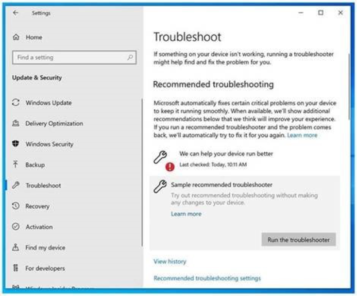 Screenshot showing the Troubleshoot section of Settings, with a message saying “We can help your device run better. Try out the recommended troubleshooting”