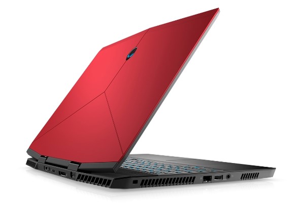 Photo of a red Alienware M15, open facing right