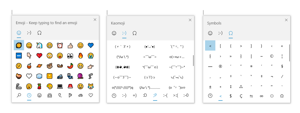 Showing that WIN+(period) will now have an emoji section, a kaomoji section, and a symbols section