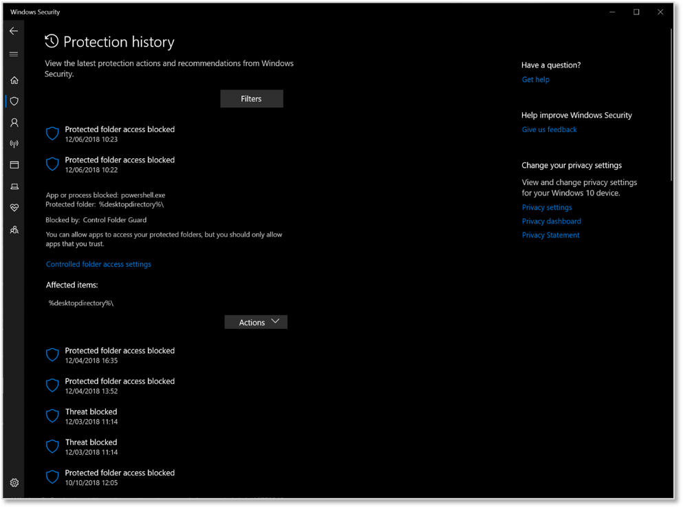 Revamped Protection history in the Windows Security app