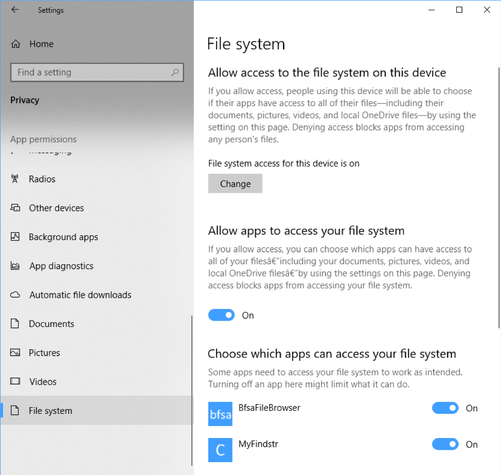File system setting under Privacy in the Settings app