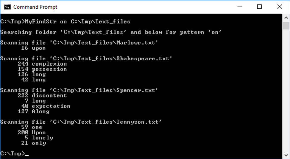 Having re-deployed this version with F5, you can then execute it from a cmd or Powershell window, supplying a search pattern and a starting folder on the command-line