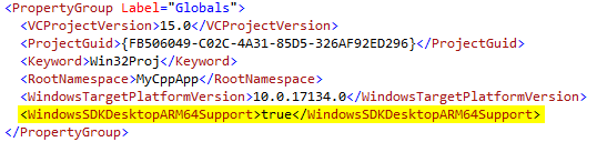 Sample code depicting declaring support for ARM64 by adding WindowsSDKDesktopARM64Support. 