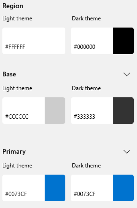 You can select three major colors for both the Light and Dark themes in the right-hand properties view labeled “Color Dictionary.”
