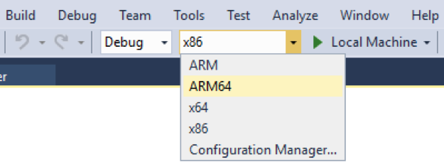 After updating, for new UWP projects, you will see ARM64 as an available build configuration.