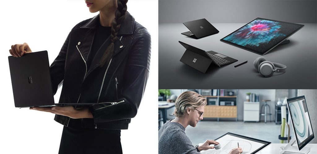 黒い革ジャンパーを着た女性が持っているSurface Pro、Surface 各デバイス、Surface Studio を操作する男性