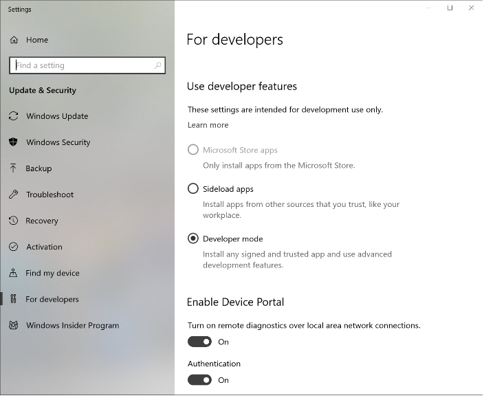 Screen capture showing the Settings toggle for "Developer Mode"