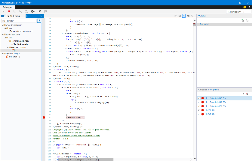 Screen capture of remote debugging in the Edge Dev Tools