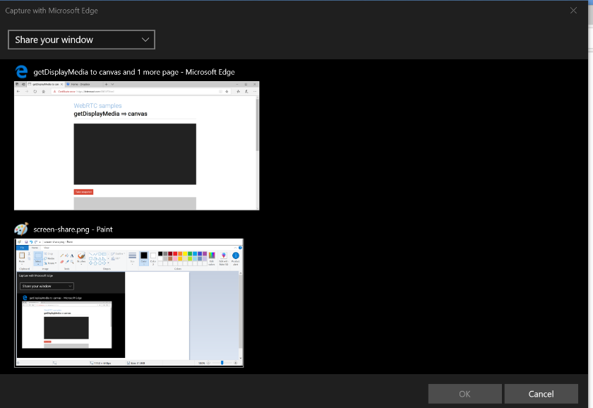 Image showing the picker UI for Screen Capture in Microsoft Edge