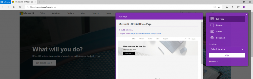 Screen capture showing the OneNote Web Clipper in Microsoft Edge in an inPrivate window.