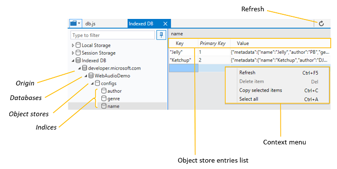 Screen capture showing the IndexedDB tab in the Microsoft Edge DevTools