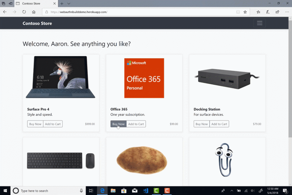 Animation showing a purchase using Web Authentication via Windows Hello