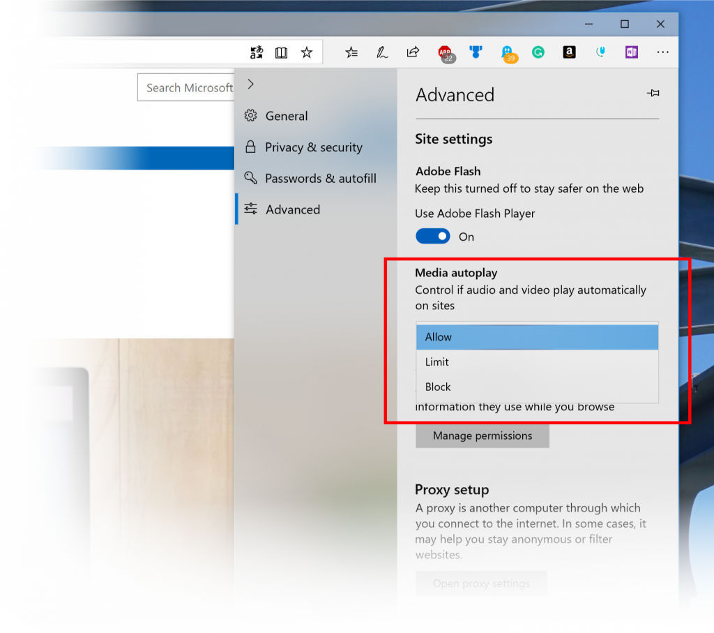 Screen capture showing the Autoplay settings in Microsoft Edge