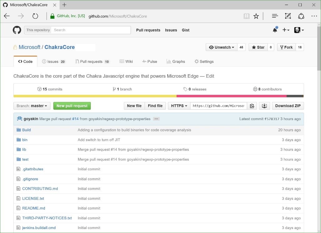 Screen capture showing the ChakraCore GitHub repository open in Microsoft Edge