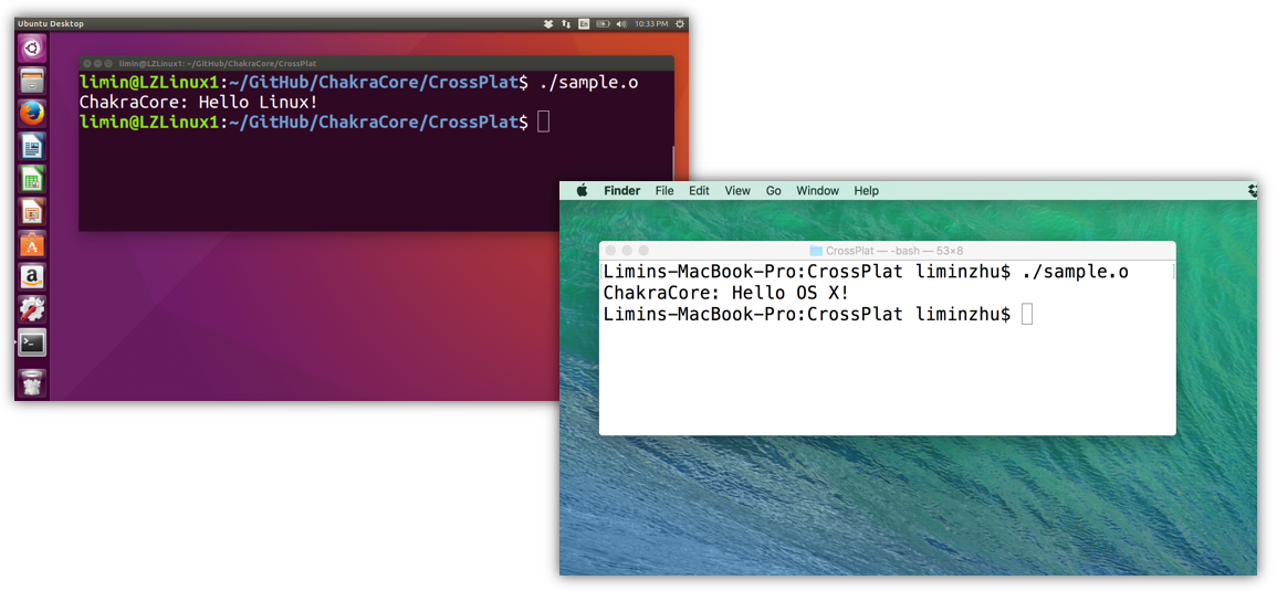 Screen captures showing ChakraCore running inside terminal windows on Ubuntu 16.04 and OS X
