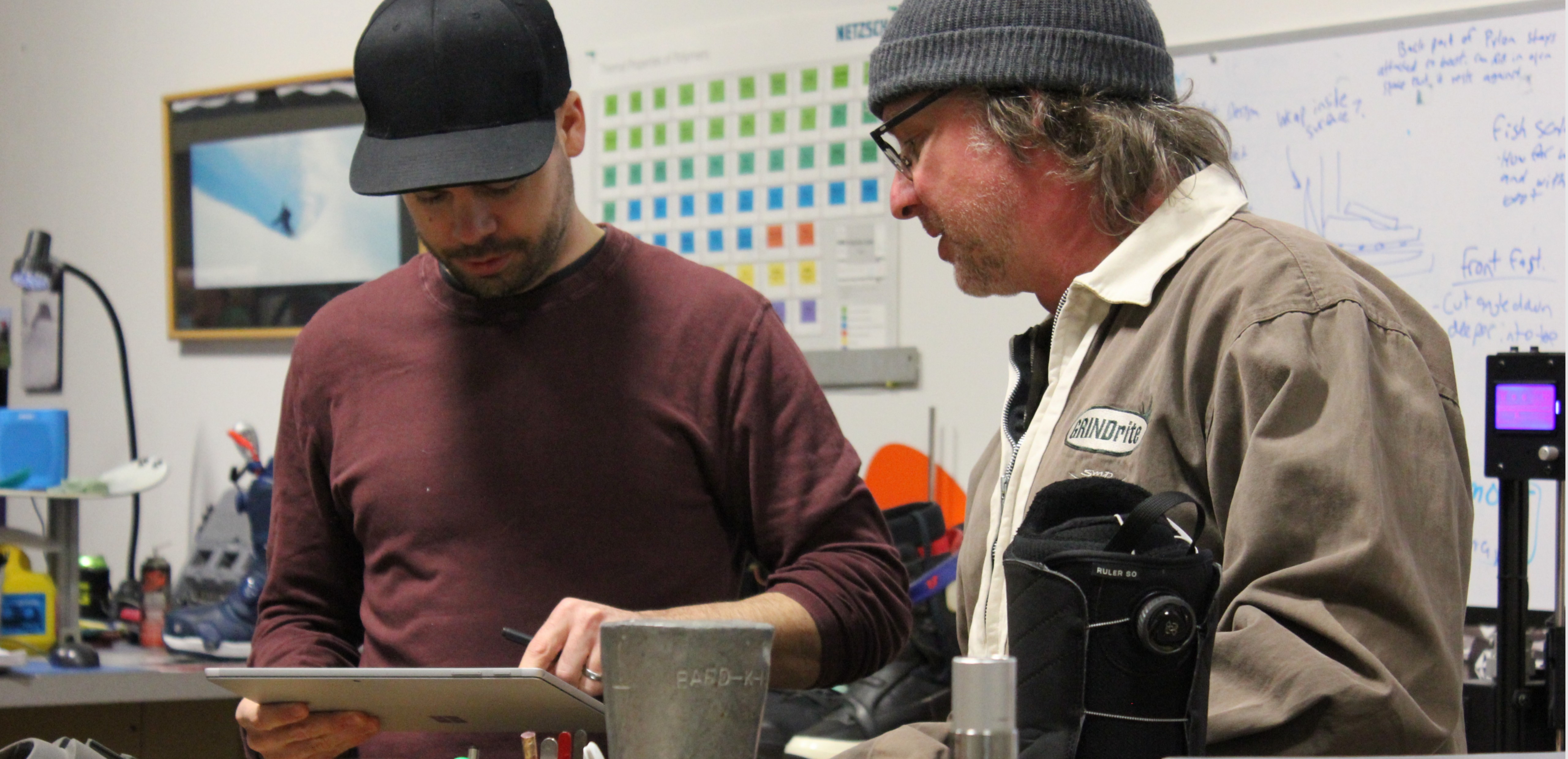 Chris Cunningham and Chris Doyle in Burton’s prototype lab.