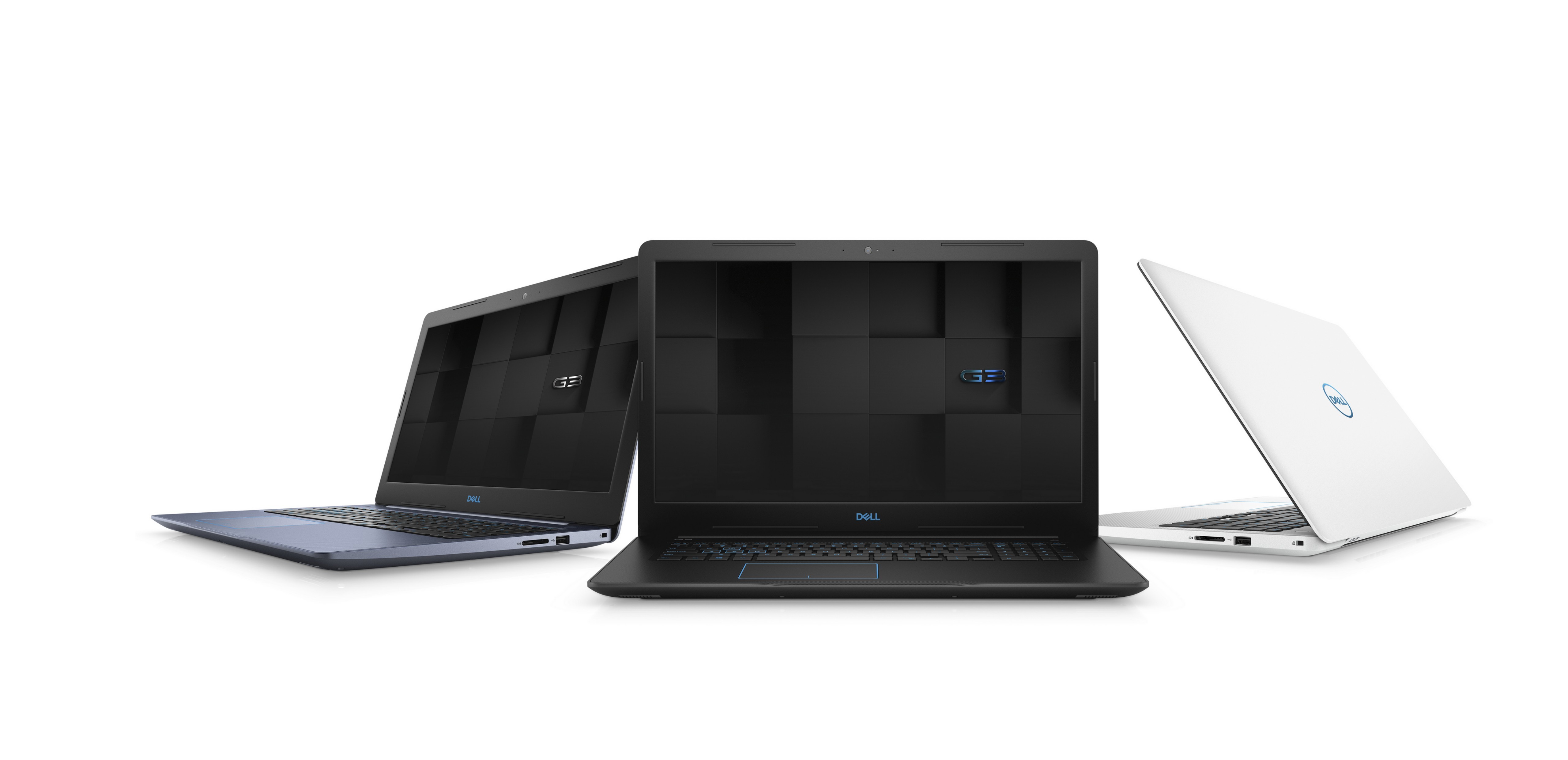 Three Dell devices in different colors