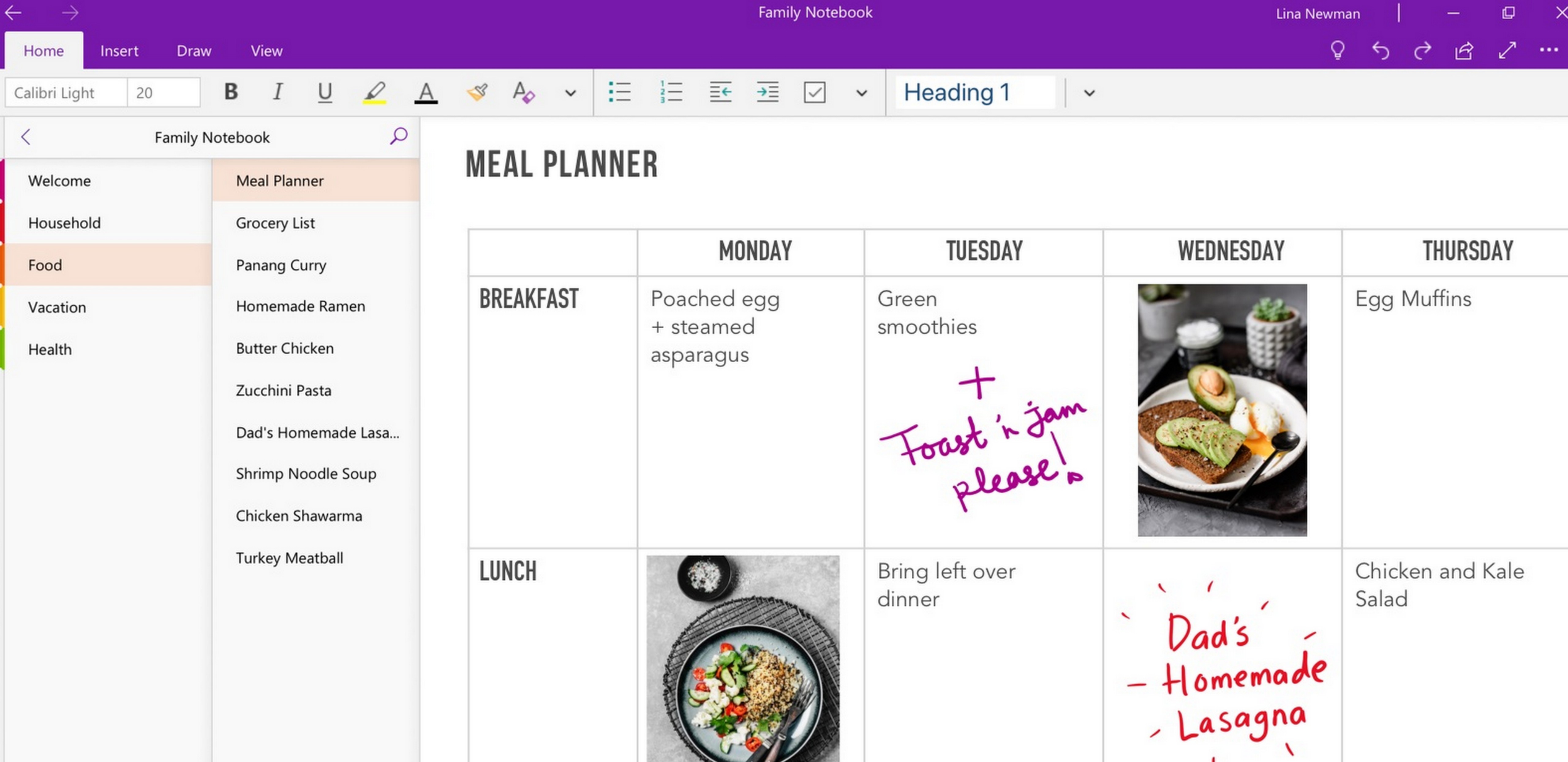 A meal planning calendar in a family notebook