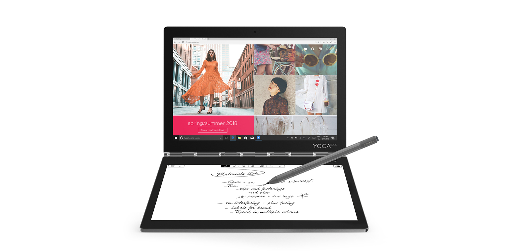 Lenovo Yoga Book C930 open with fashion images and E Ink screen with pen hovering over