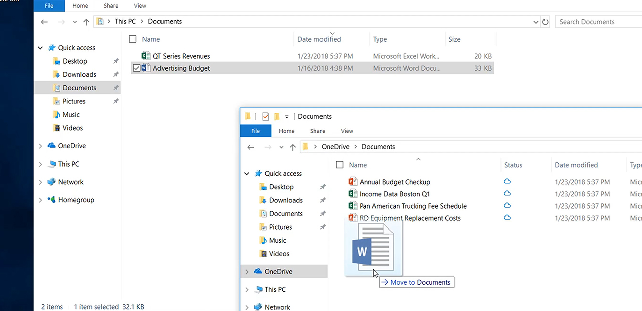 2 open boxes shows dragging one file into OneDrive