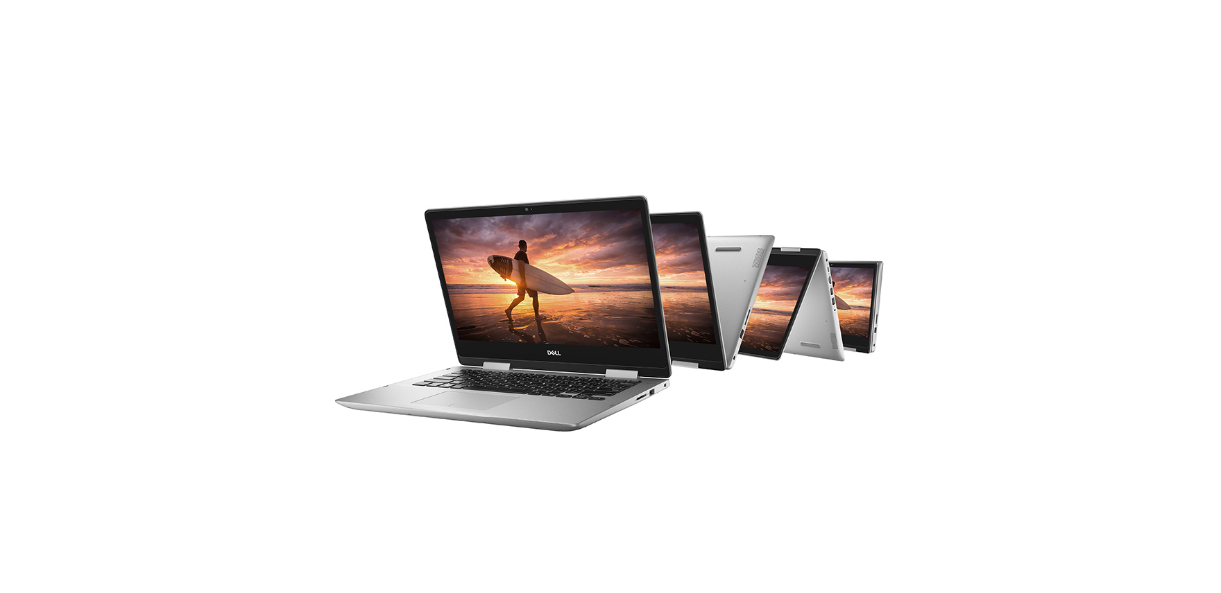 Four Dell Inspiron 14 5000 Series 2-in-1s opened, inverted and flat with the screen showing a surfer at sunset