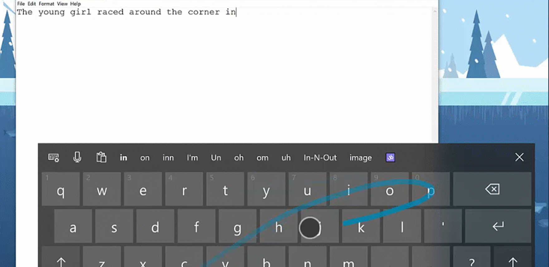 Screenshot of a touch keyboard with a blue line showing the SwiftKey motion and words being typed above