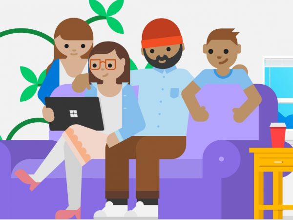 Illustration of a family looking at a laptop on a couch