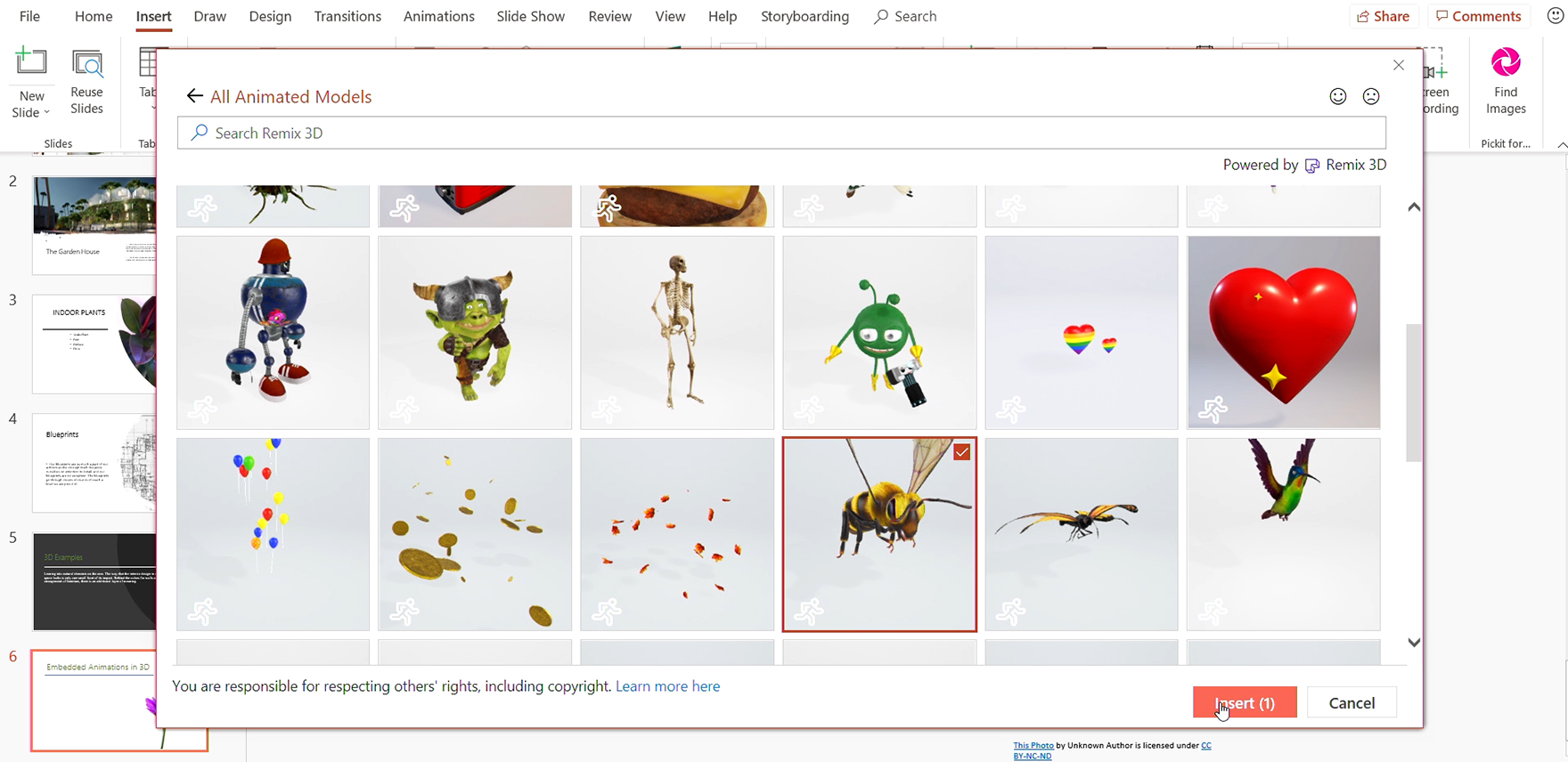PowerPoint deck with a selection of embedded animations, choosing a bee with wings in motion