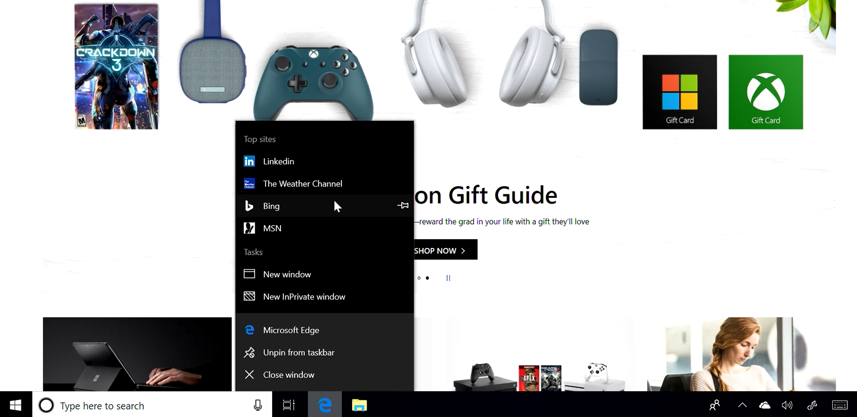 Screenshot of a Graduation Gift Guide page with Jump List of top sites pulled up on Edge icon