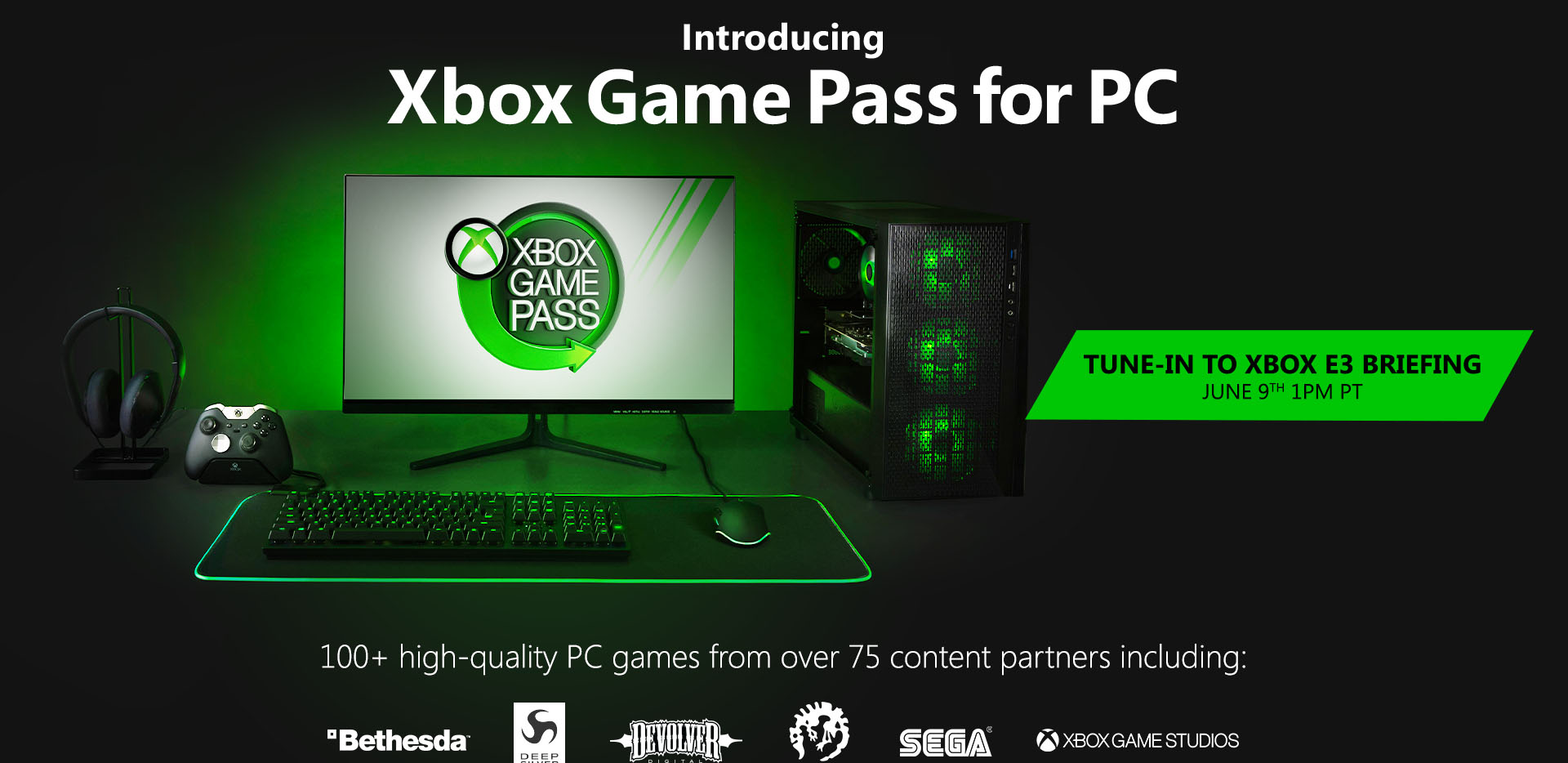 PC desktop, tower with Xbox Game Pass displayed on monitor