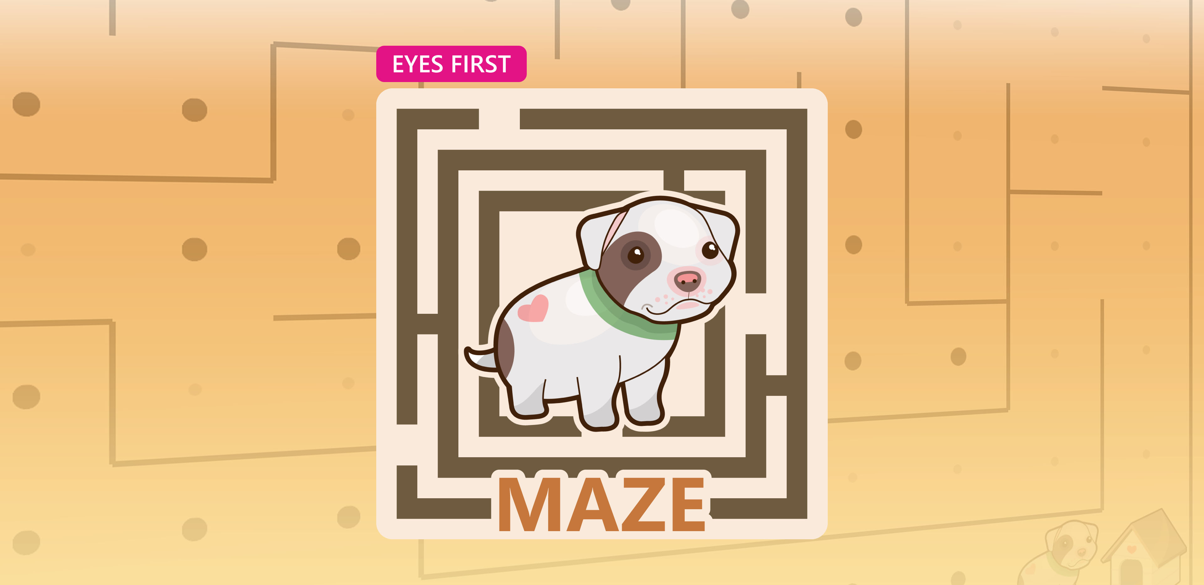 A spotted puppy sits in the middle of a maze with the word 