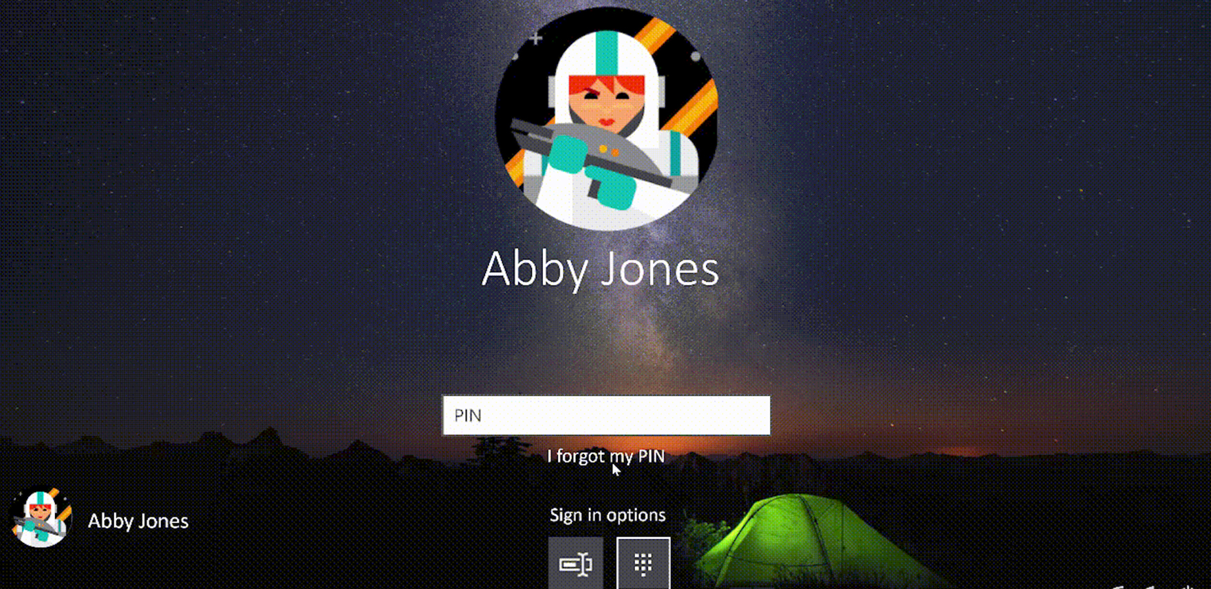 Screenshot of alias Abby Jones and the I forgot my PIN page on Windows 10 lock screen