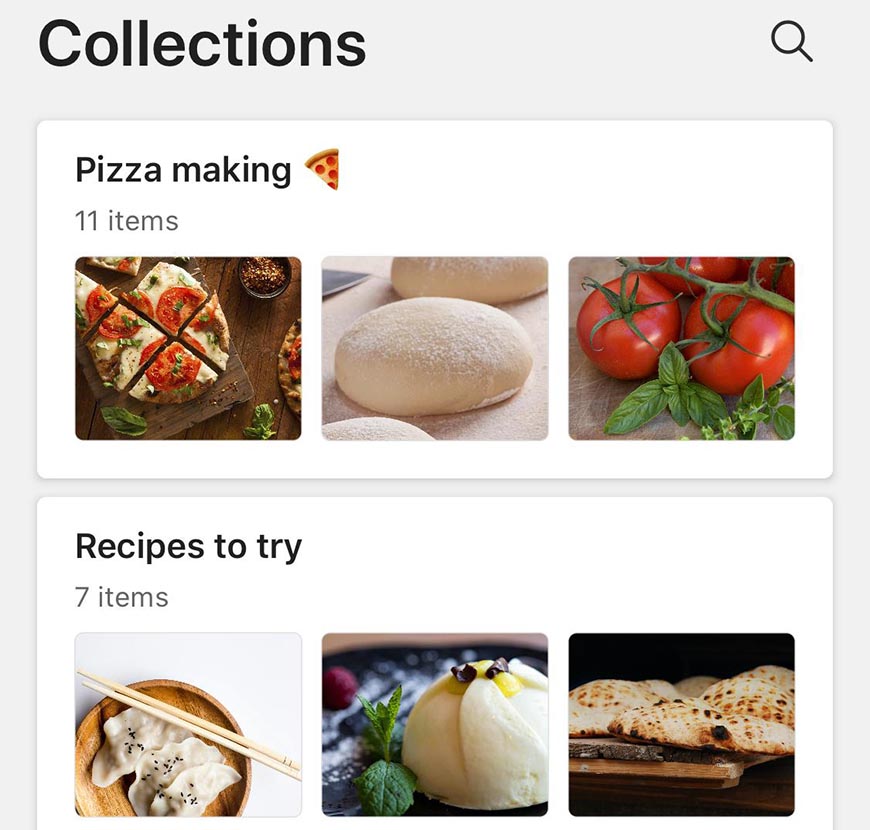 Screenshot of collections for Pizza making and Recipes to try