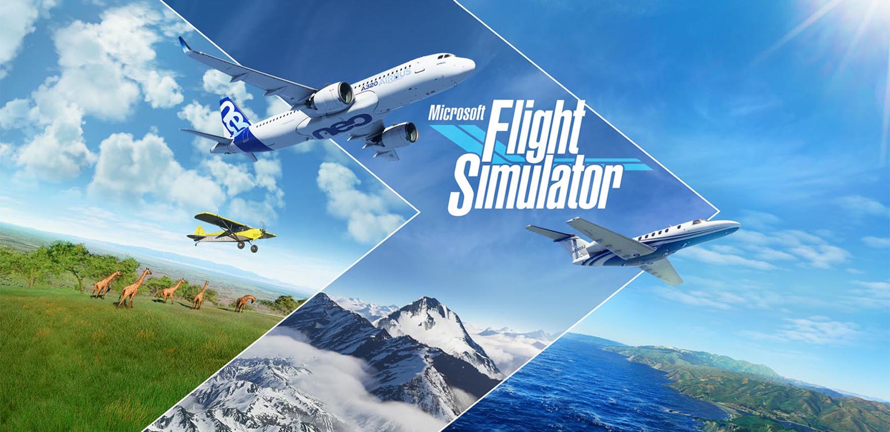 Microsoft Flight Simulator showing three planes flying over a mountain, giraffes on a plain and a coast