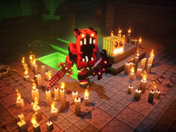 Minecraft characters and candles in a Halloween theme