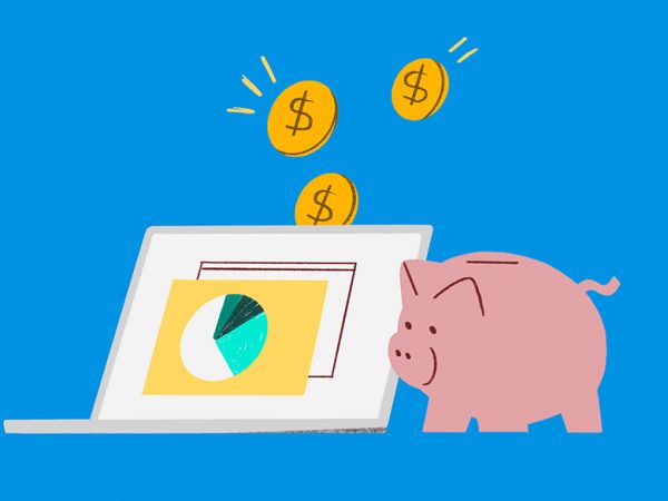 Cartoon of piggy bank next to a laptop computer