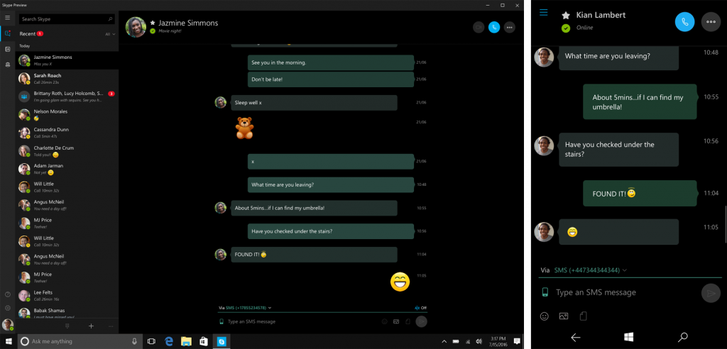 SMS в Skype Preview