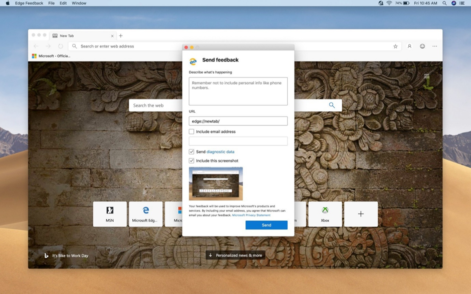 Снимок экрана Microsoft Edge для macOS