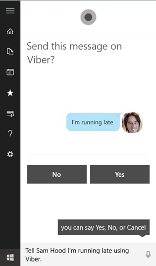 Viber completing a task in the Cortana user interface.