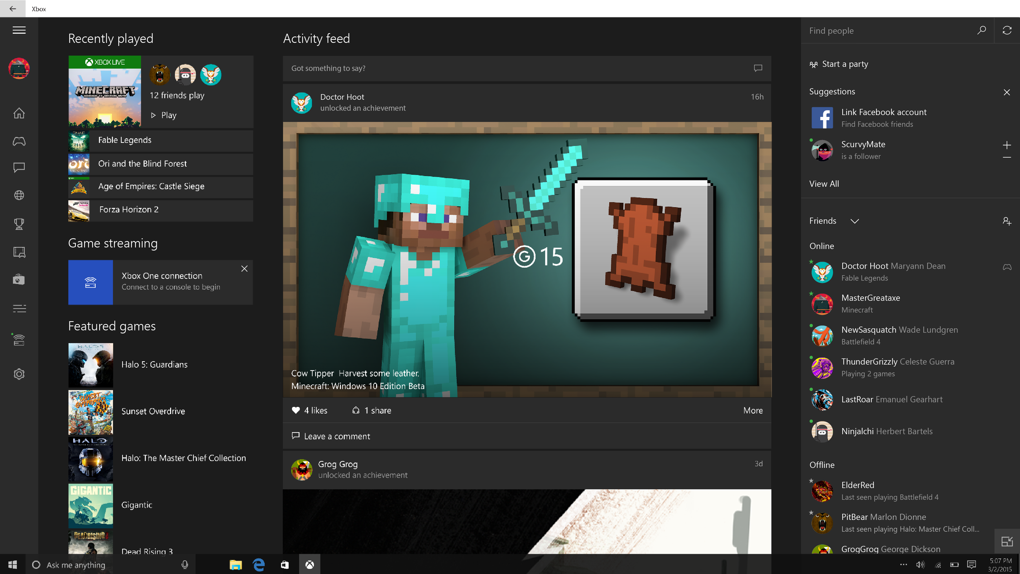 Screenshot of the Activity Feed in the Xbox Beta App for Windows 10