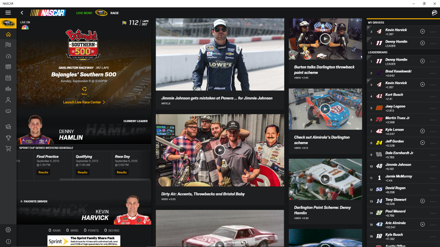 Screenshot of the NASCAR app for Windows 10