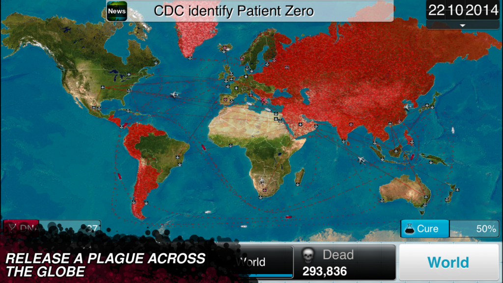 Map of the world as seen in the app Plague Inc.