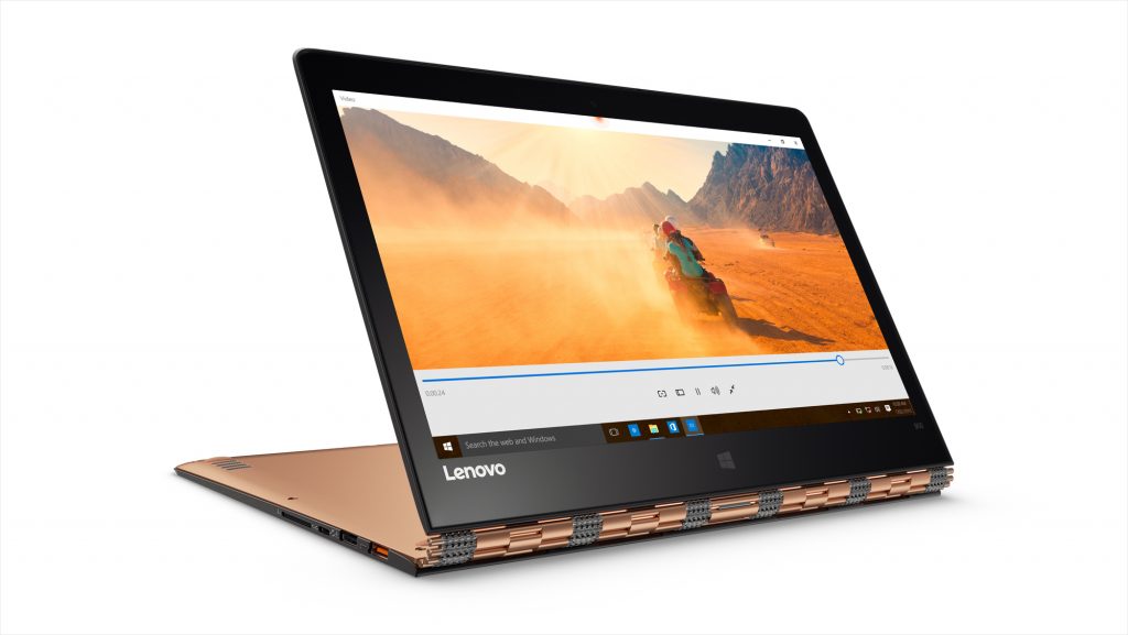 YOGA 900 showing watchband hinge & screen in stand mode (Champagne Gold)